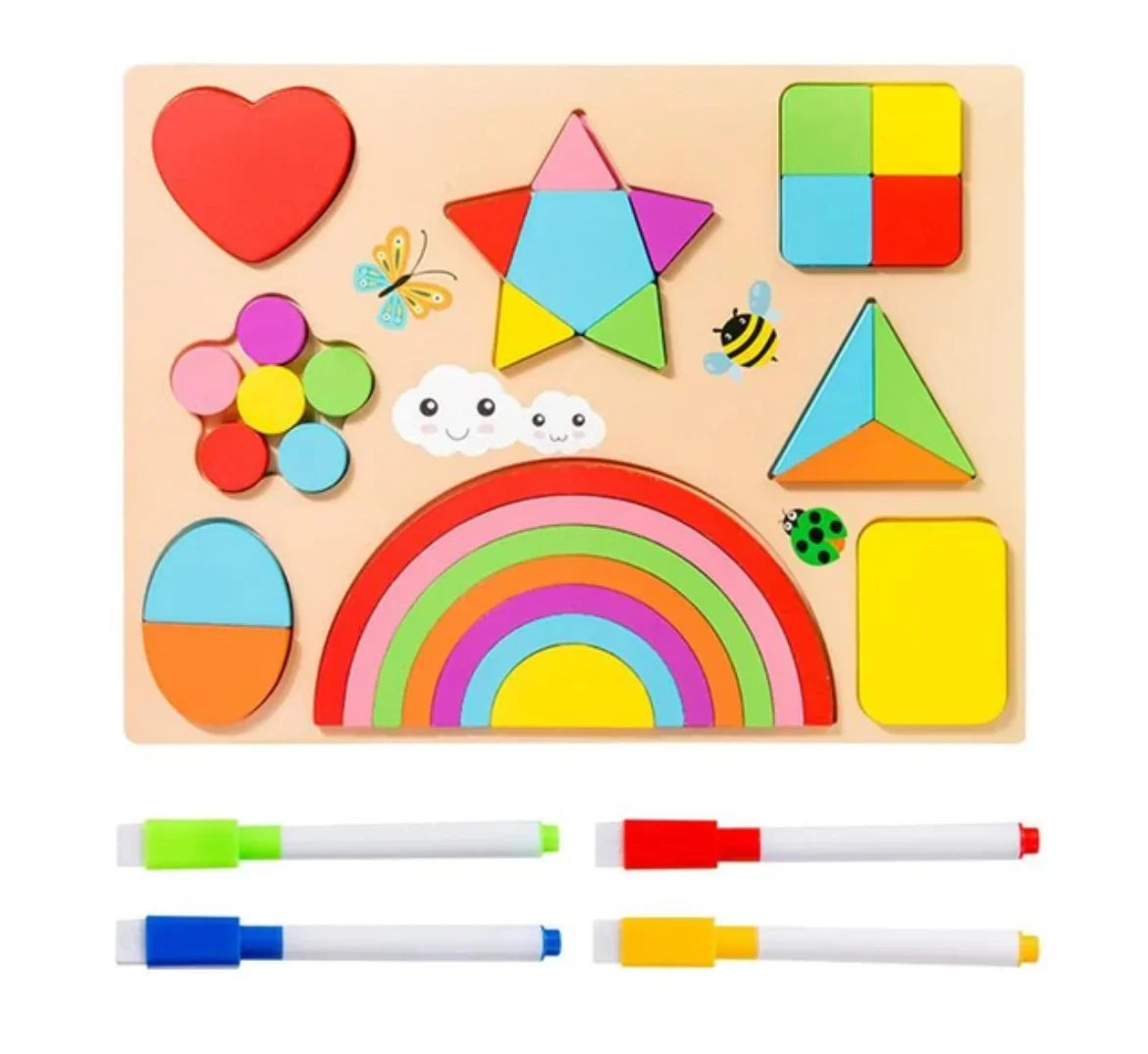 Large Size Kids Rainbow Shape Puzzle with Sketch Board on back with Markers
