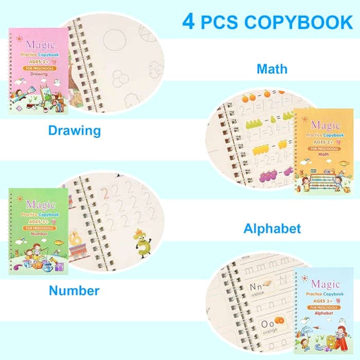 Kids Magic Practice Book Set of 4-Kids learning for Home and school with 10 refill pens